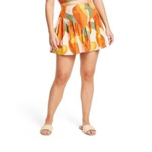 FE NOEL X TARGET Mixed Paint Print Linen Blend Mini Skirt Size 16 Orange/Brown